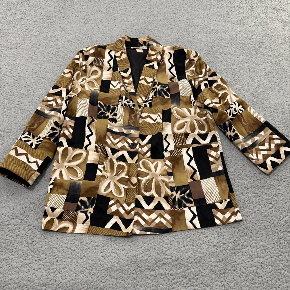 Vintage Kensington Square Petite 90s Blazer PM Geometric Floral Patchwork Brown